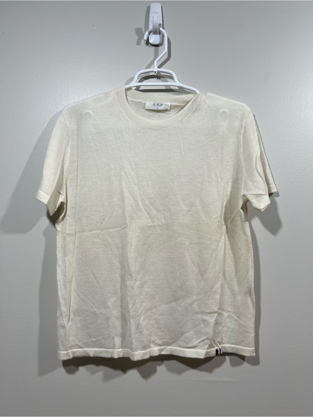 OGD One Grey Day Cream Merino Wool Short Sleeve Sweater Small